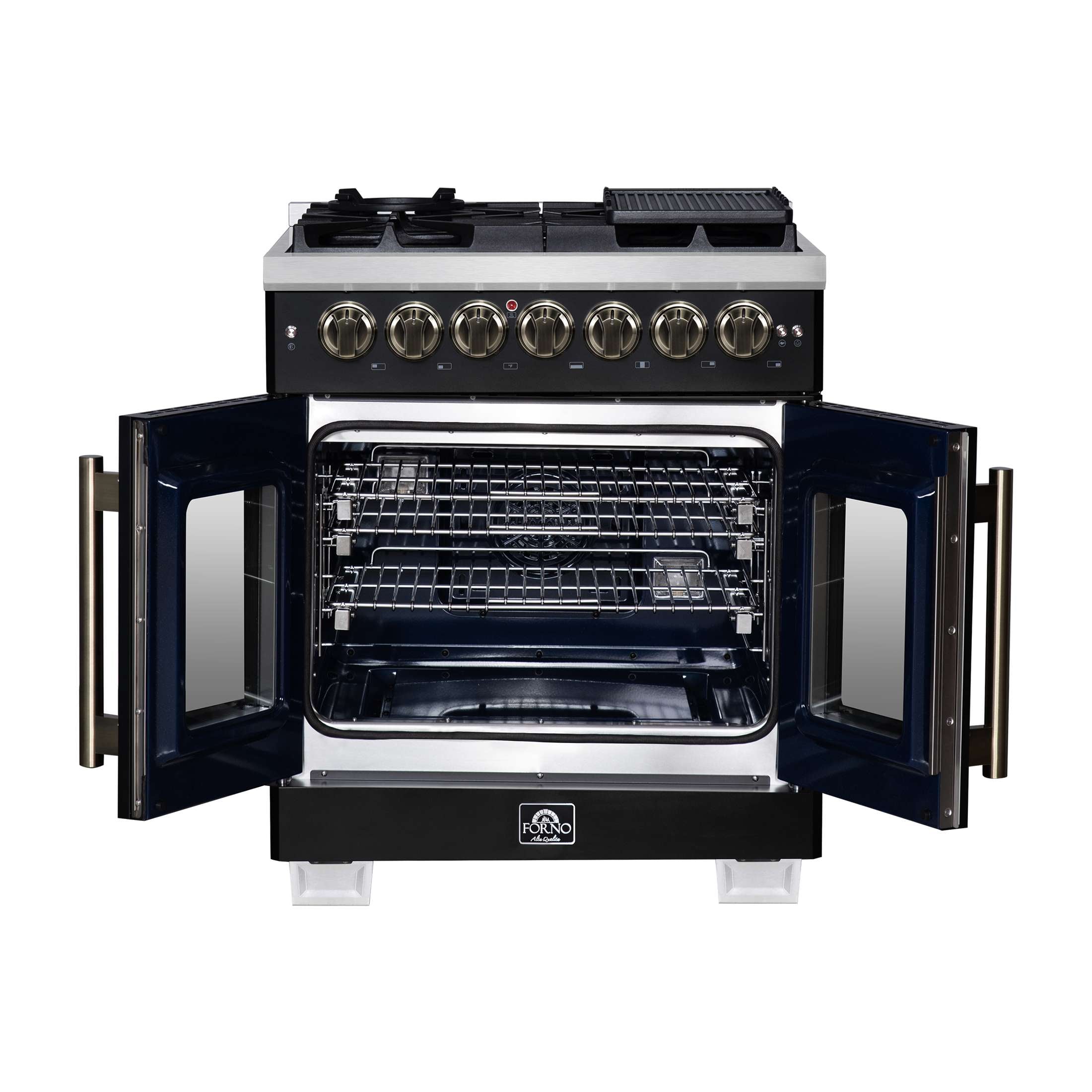 Forno Capriasca 30-Inch Freestanding French Door Dual Fuel Range in Black with Antique Brass Accessories, 5 Burners, True Convection Oven