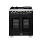 Forno Capriasca 30-Inch Freestanding French Door Dual Fuel Range in Black with Antique Brass Accessories, 5 Burners, True Convection Oven