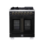 Forno Capriasca 30-Inch Freestanding French Door Dual Fuel Range in Black with Antique Brass Accessories, 5 Burners, True Convection Oven