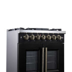 Forno Capriasca 30-Inch Freestanding French Door Dual Fuel Range in Black with Antique Brass Accessories, 5 Burners, True Convection Oven