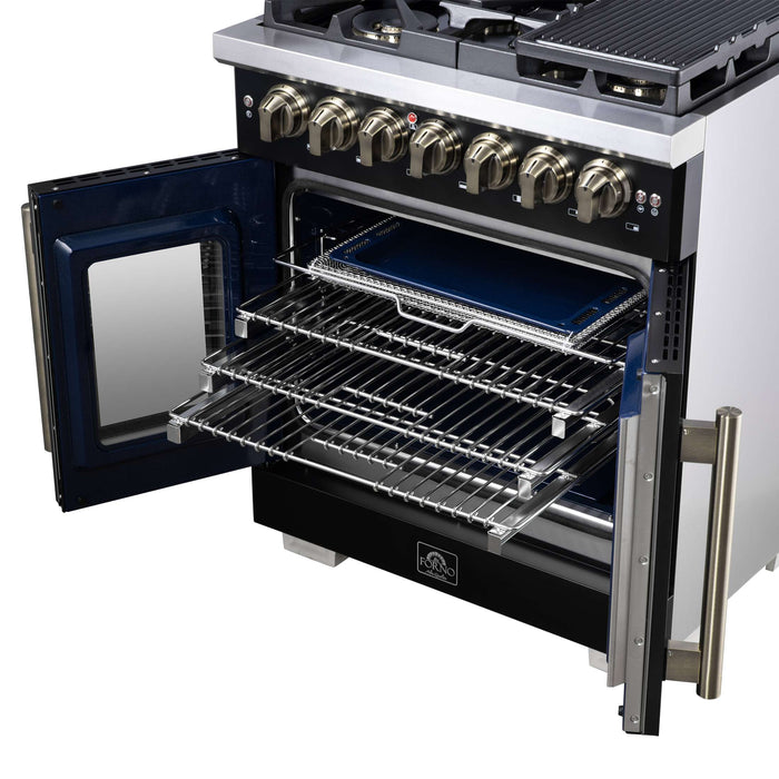 Forno Capriasca 30 Inch Freestanding French Door Dual Fuel Range in Black with Antique Brass Accessories, 5 Burners, True Convection Oven