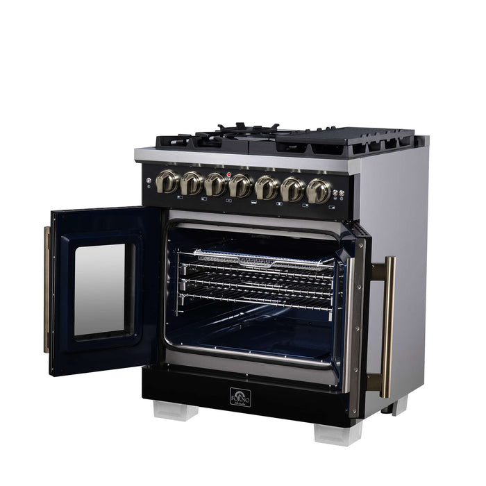 Forno Capriasca 30 Inch Freestanding French Door Dual Fuel Range in Black with Antique Brass Accessories, 5 Burners, True Convection Oven