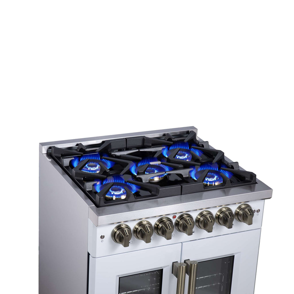Forno Capriasca 30-Inch Freestanding French Door Dual Fuel Range in White with Antique Brass Accessories, 5 Burners, True Convection Oven