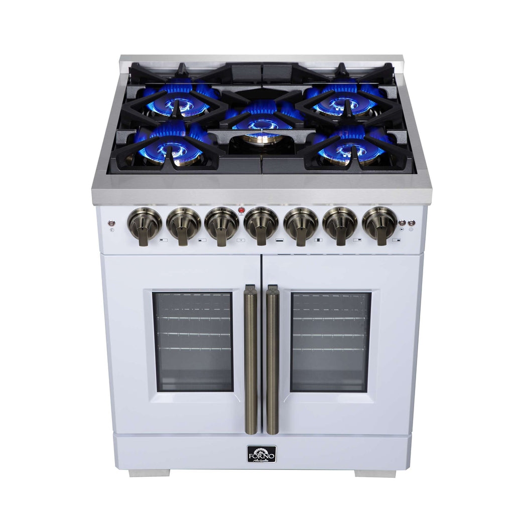 Forno Capriasca 30-Inch Freestanding French Door Dual Fuel Range in White with Antique Brass Accessories, 5 Burners, True Convection Oven