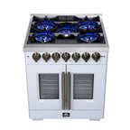 Forno Capriasca 30-Inch Freestanding French Door Dual Fuel Range in White with Antique Brass Accessories, 5 Burners, True Convection Oven