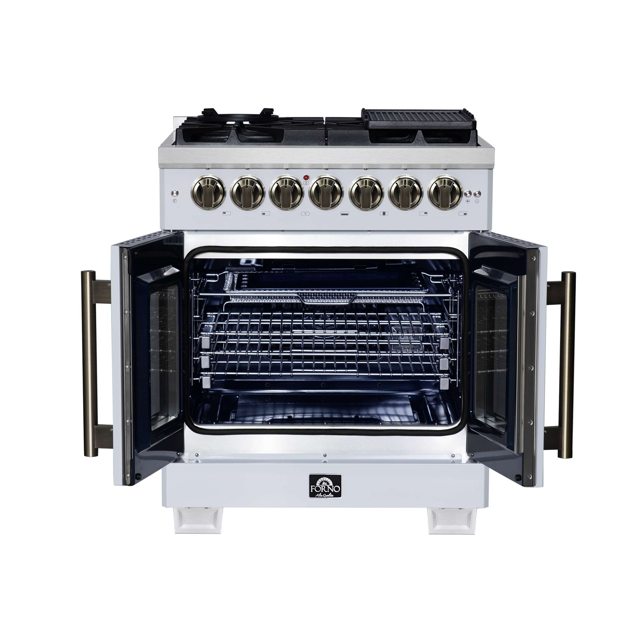 Forno Capriasca 30-Inch Freestanding French Door Dual Fuel Range in White with Antique Brass Accessories, 5 Burners, True Convection Oven