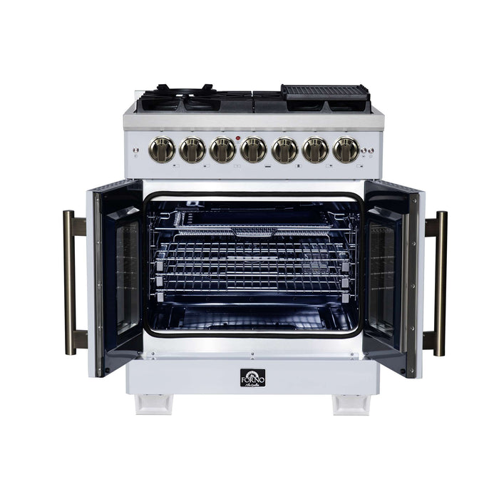Forno Capriasca 30 Inch Freestanding French Door Dual Fuel Range in White with Antique Brass Accessories, 5 Burners, True Convection Oven