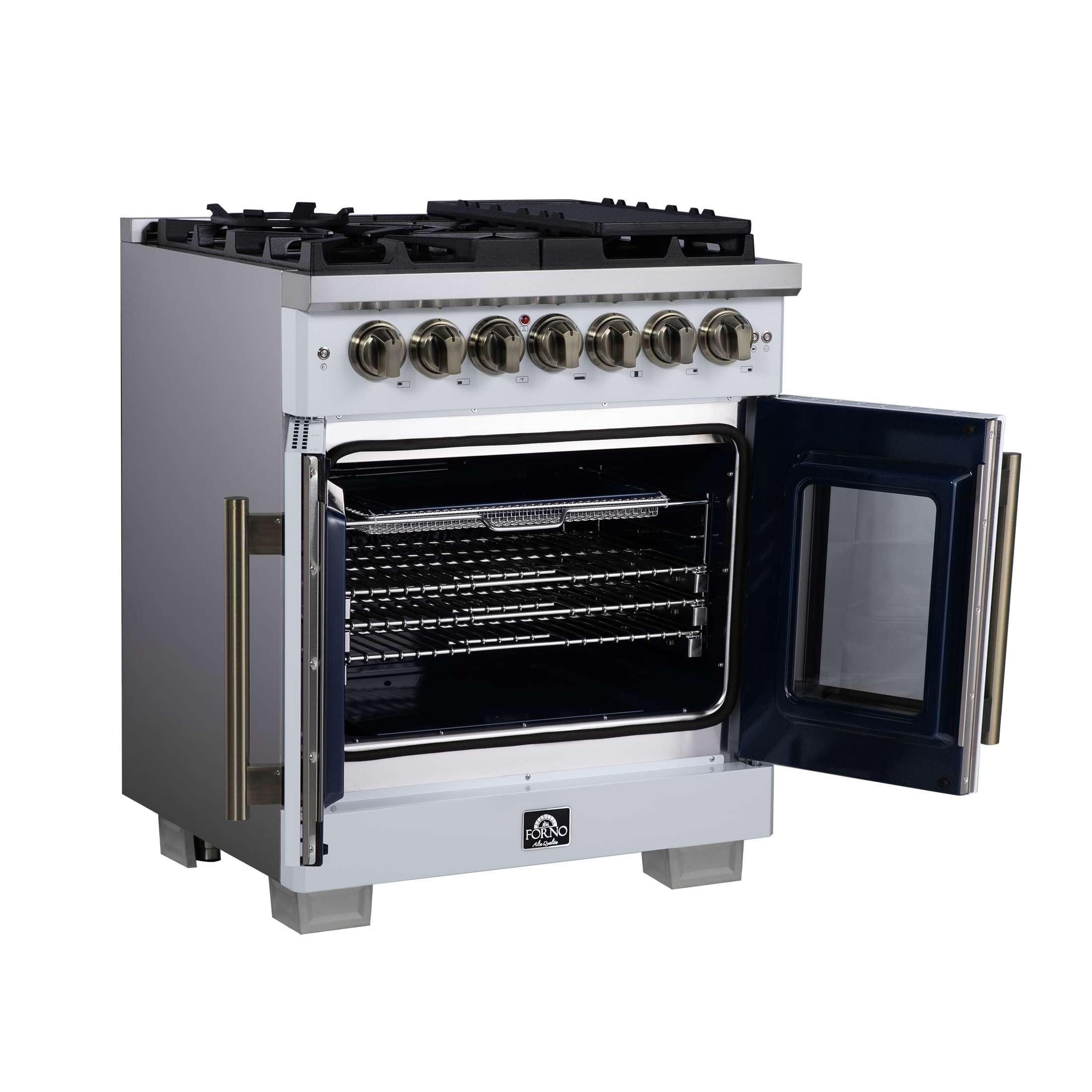 Forno Capriasca 30-Inch Freestanding French Door Dual Fuel Range in White with Antique Brass Accessories, 5 Burners, True Convection Oven