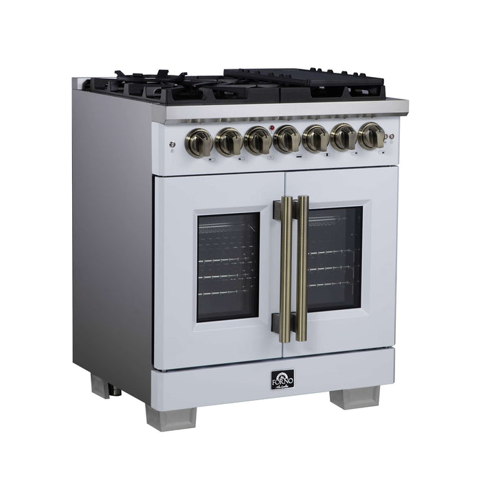 Forno Capriasca 30 Inch Freestanding French Door Dual Fuel Range in White with Antique Brass Accessories, 5 Burners, True Convection Oven