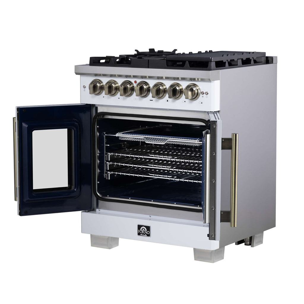 Forno Capriasca 30-Inch Freestanding French Door Dual Fuel Range in White with Antique Brass Accessories, 5 Burners, True Convection Oven