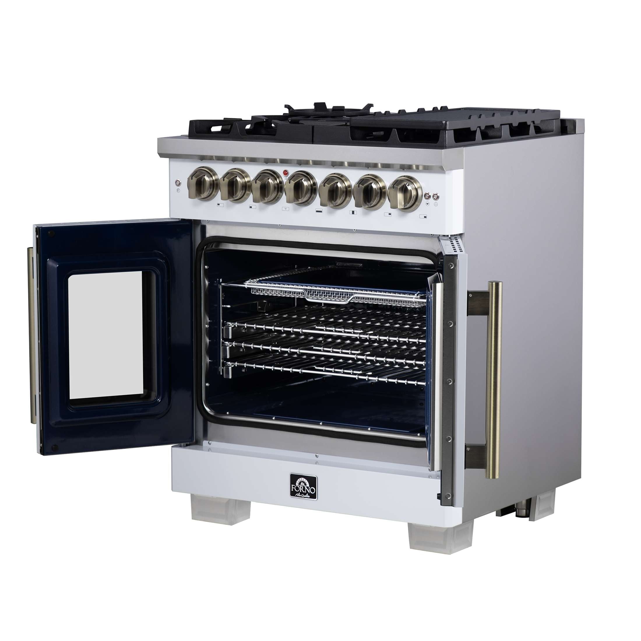 Forno Capriasca 30-Inch Freestanding French Door Dual Fuel Range in White with Antique Brass Accessories, 5 Burners, True Convection Oven