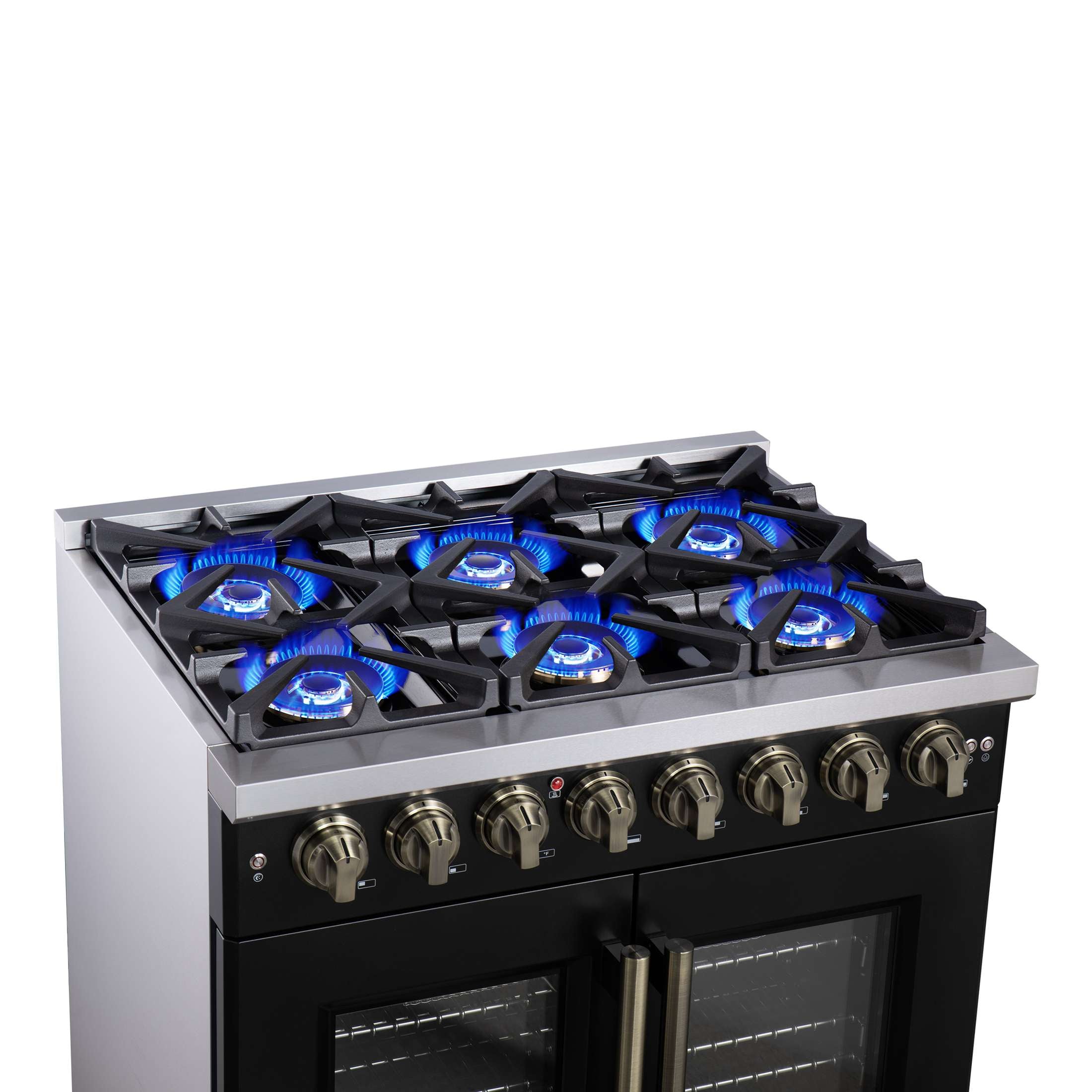 Forno Capriasca 36 Inch Freestanding French Door Dual Fuel Range in Black with Antique Brass Accessories, 6 Burners, True Convection Oven