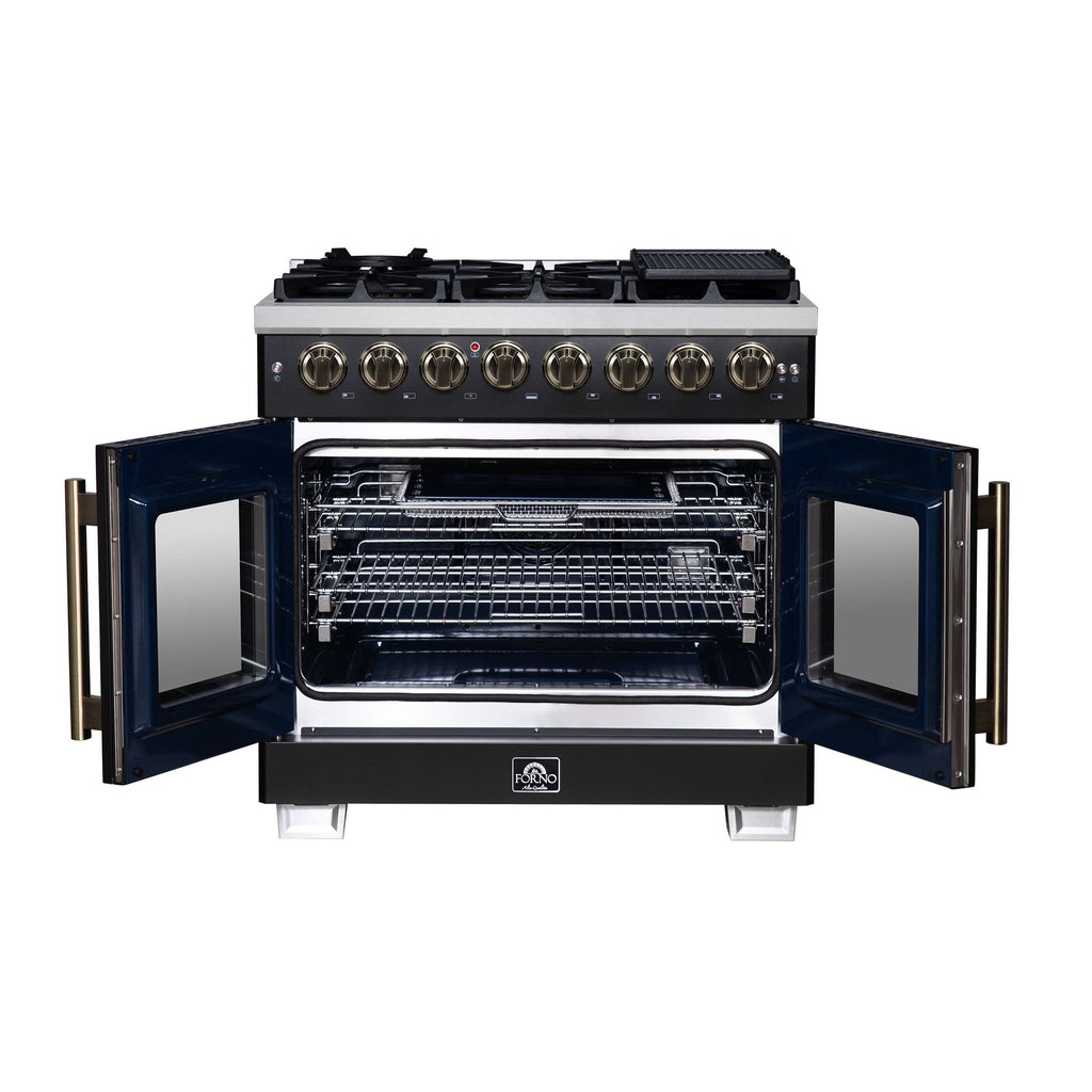 Forno Capriasca 36 Inch Freestanding French Door Dual Fuel Range in Black with Antique Brass Accessories, 6 Burners, True Convection Oven