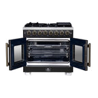 Forno Capriasca 36 Inch Freestanding French Door Dual Fuel Range in Black with Antique Brass Accessories, 6 Burners, True Convection Oven