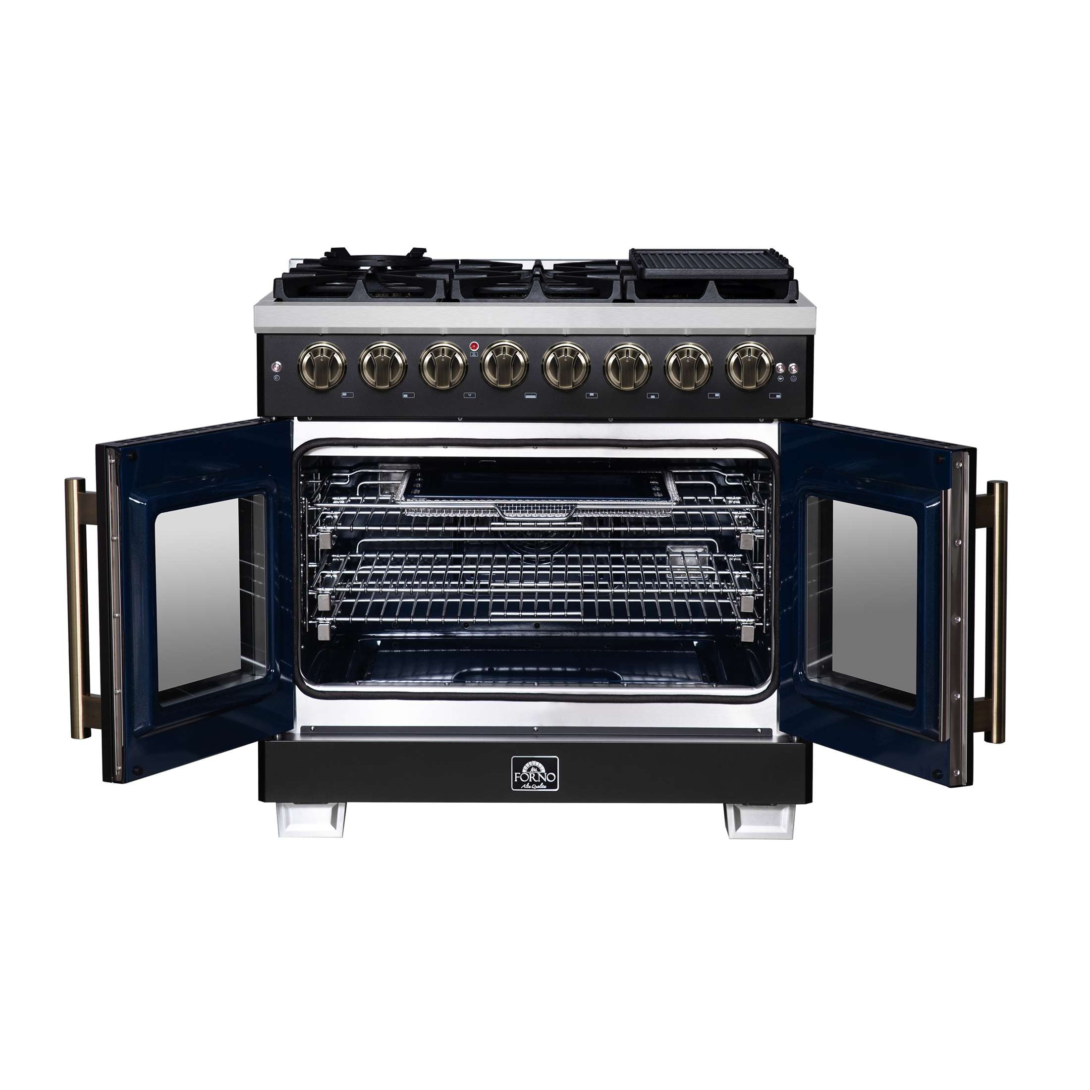 Forno Capriasca 36 Inch Freestanding French Door Dual Fuel Range in Black with Antique Brass Accessories, 6 Burners, True Convection Oven