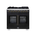 Forno Capriasca 36 Inch Freestanding French Door Dual Fuel Range in Black with Antique Brass Accessories, 6 Burners, True Convection Oven