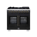 Forno Capriasca 36 Inch Freestanding French Door Dual Fuel Range in Black with Antique Brass Accessories, 6 Burners, True Convection Oven
