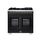 Forno Capriasca 36 Inch Freestanding French Door Dual Fuel Range in Black with Antique Brass Accessories, 6 Burners, True Convection Oven