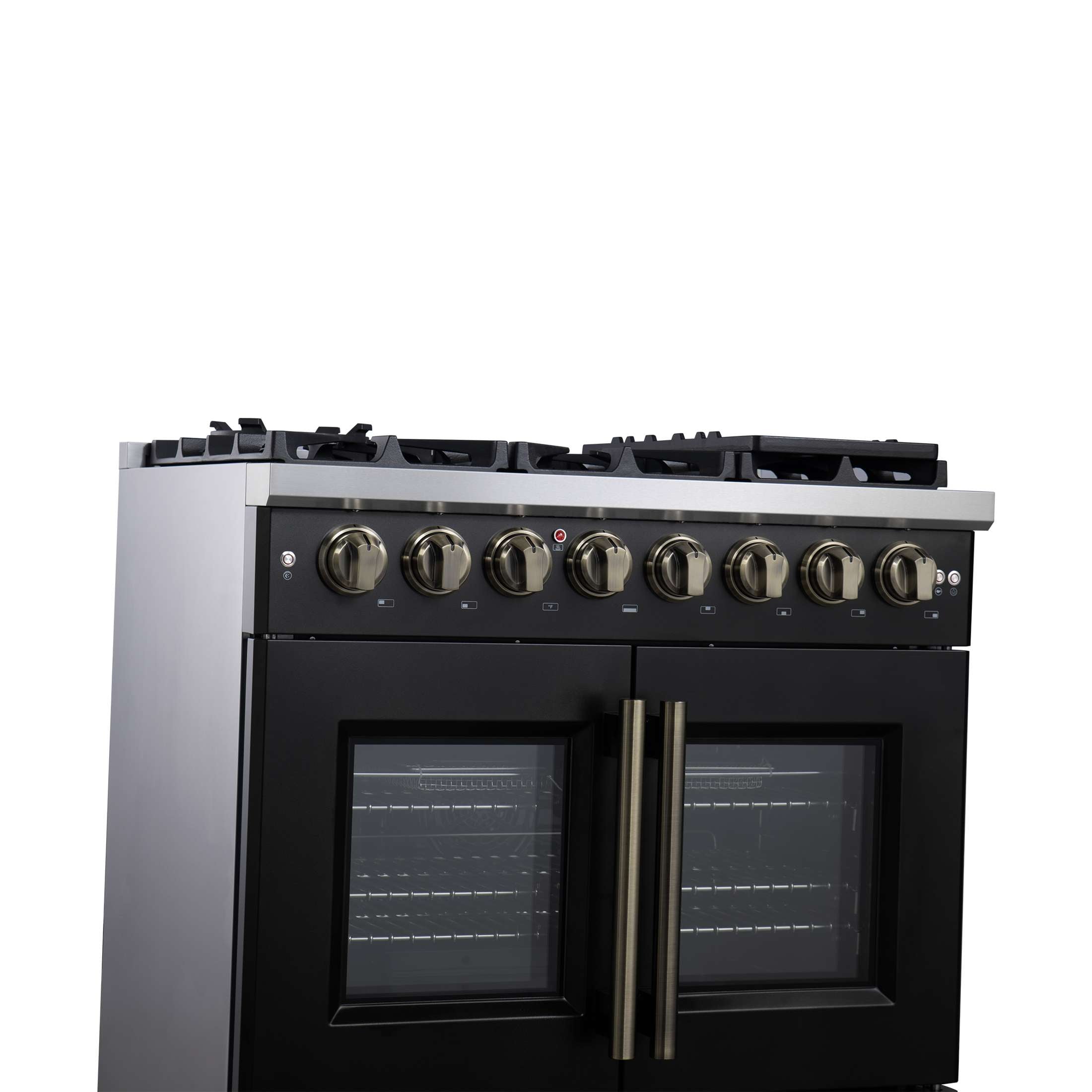 Forno Capriasca 36 Inch Freestanding French Door Dual Fuel Range in Black with Antique Brass Accessories, 6 Burners, True Convection Oven