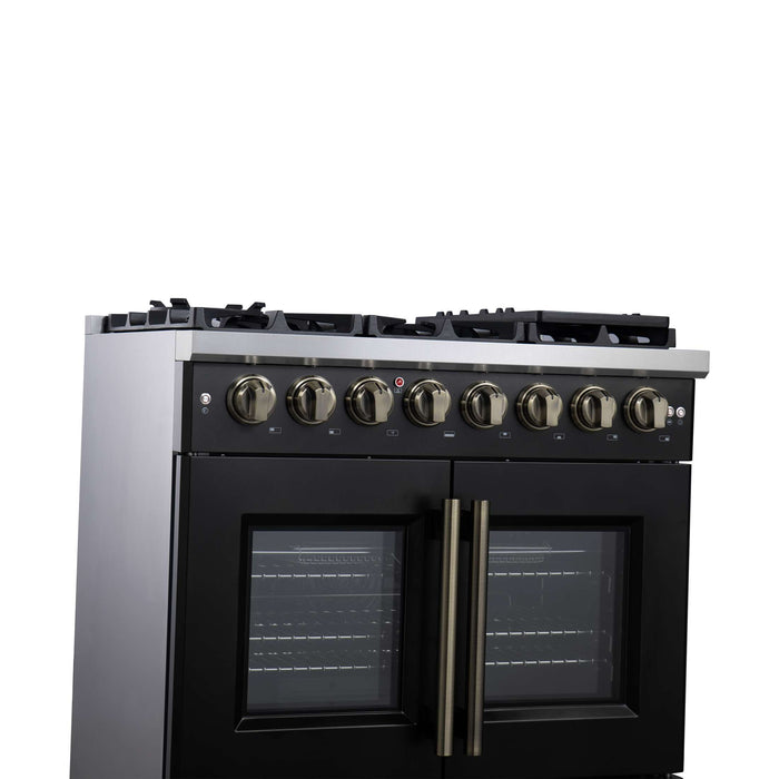 Forno Capriasca 36 Inch Freestanding French Door Dual Fuel Range in Black with Antique Brass Accessories, 6 Burners, True Convection Oven