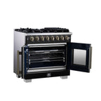 Forno Capriasca 36 Inch Freestanding French Door Dual Fuel Range in Black with Antique Brass Accessories, 6 Burners, True Convection Oven