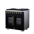 Forno Capriasca 36 Inch Freestanding French Door Dual Fuel Range in Black with Antique Brass Accessories, 6 Burners, True Convection Oven