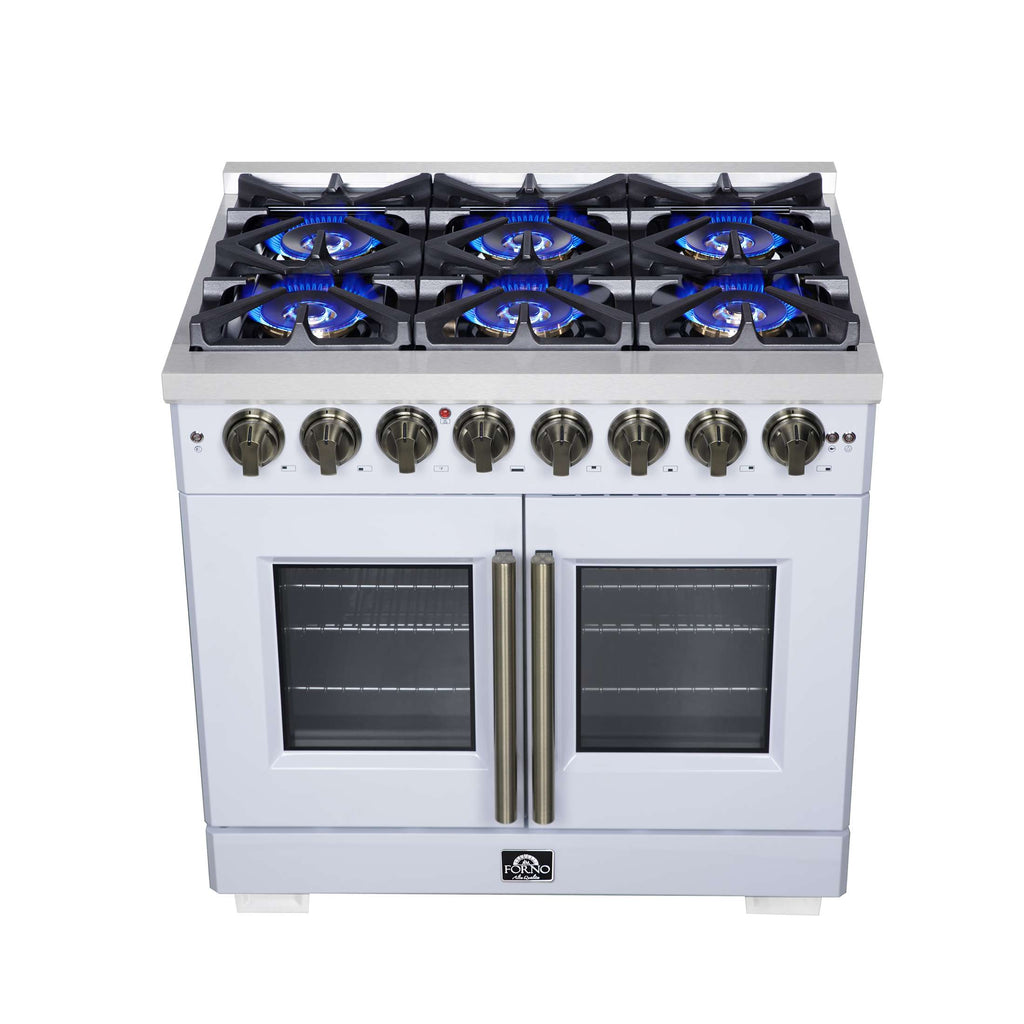 Forno Capriasca 36 Inch Freestanding French Door Dual Fuel Range in White with Antique Brass Accessories, 6 Burners, True Convection Oven