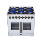 Forno Capriasca 36 Inch Freestanding French Door Dual Fuel Range in White with Antique Brass Accessories, 6 Burners, True Convection Oven