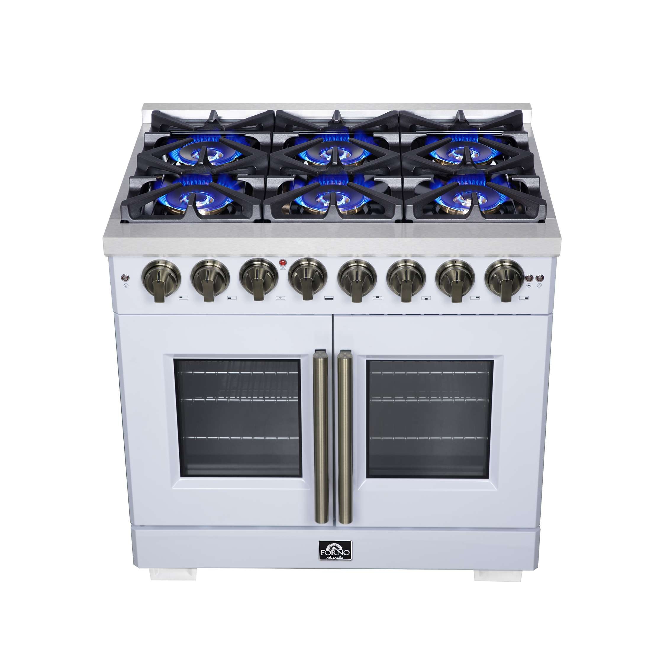 Forno Capriasca 36 Inch Freestanding French Door Dual Fuel Range in White with Antique Brass Accessories, 6 Burners, True Convection Oven