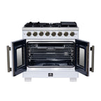 Forno Capriasca 36 Inch Freestanding French Door Dual Fuel Range in White with Antique Brass Accessories, 6 Burners, True Convection Oven
