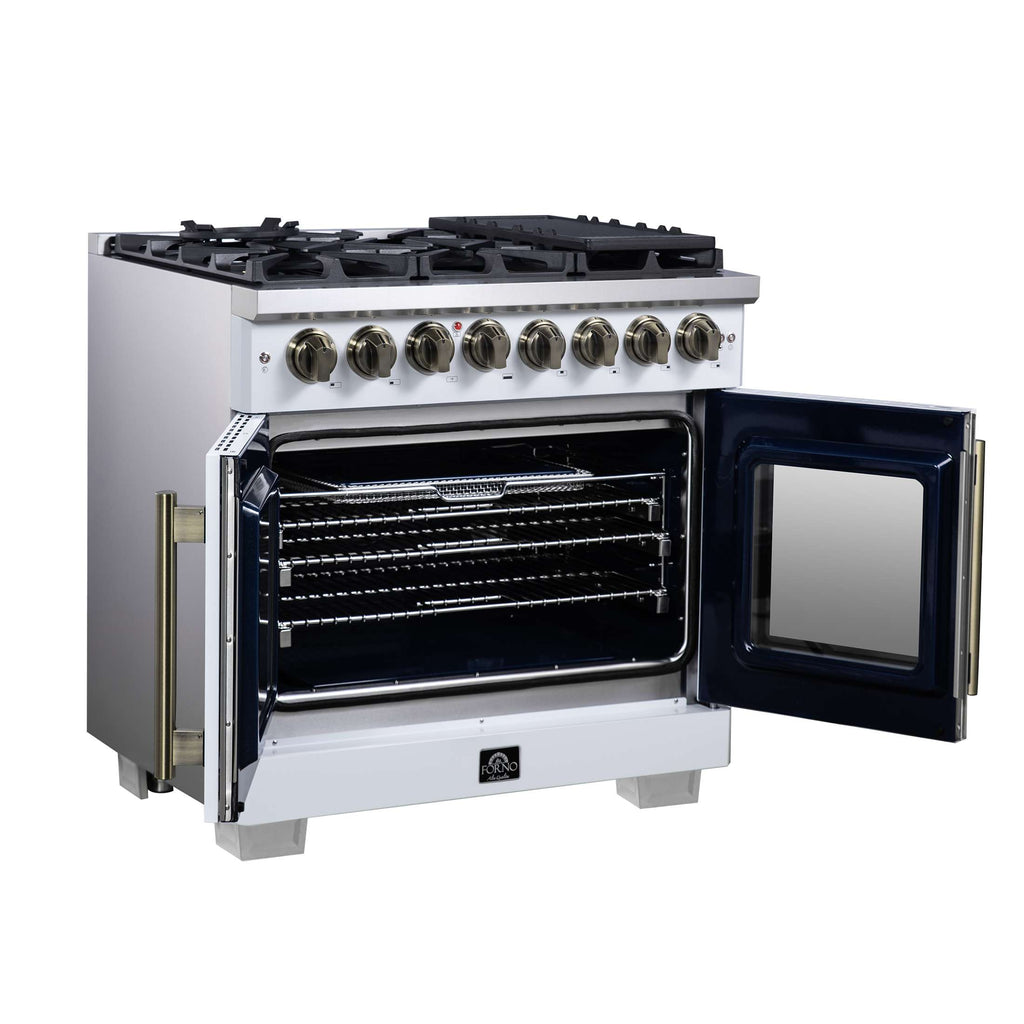 Forno Capriasca 36 Inch Freestanding French Door Dual Fuel Range in White with Antique Brass Accessories, 6 Burners, True Convection Oven