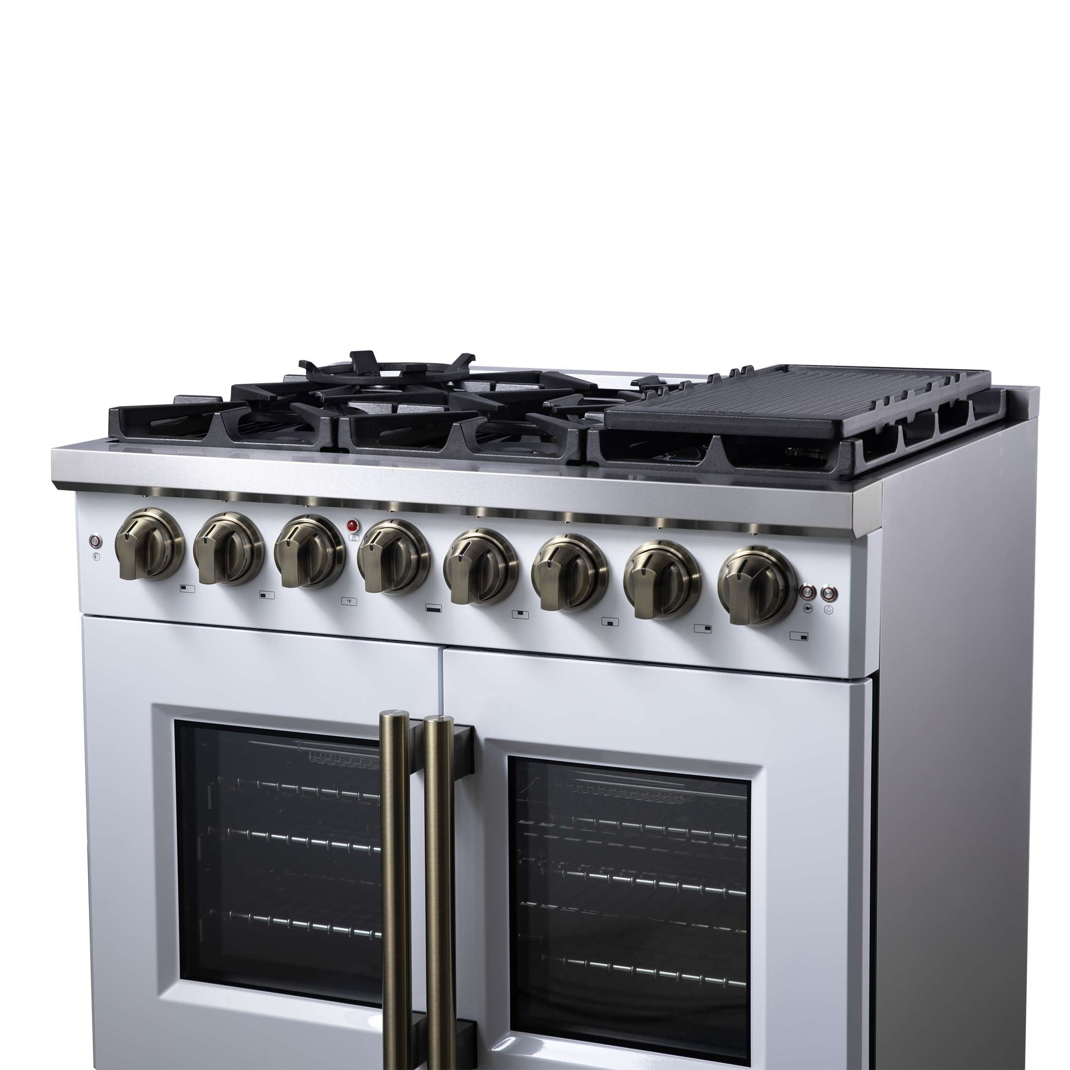 Forno Capriasca 36 Inch Freestanding French Door Dual Fuel Range in White with Antique Brass Accessories, 6 Burners, True Convection Oven