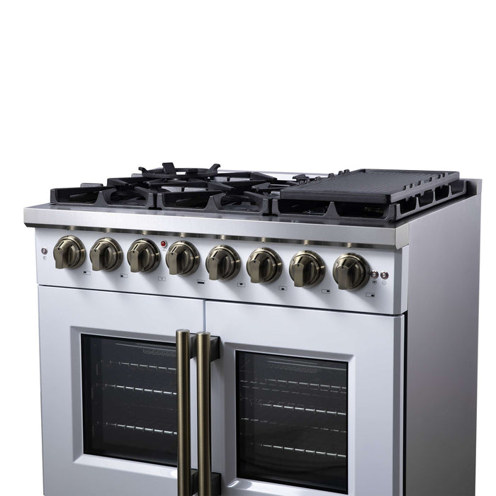 Forno Capriasca 36 Inch Freestanding French Door Dual Fuel Range in White with Antique Brass Accessories, 6 Burners, True Convection Oven