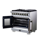 Forno Capriasca 36 Inch Freestanding French Door Dual Fuel Range in White with Antique Brass Accessories, 6 Burners, True Convection Oven