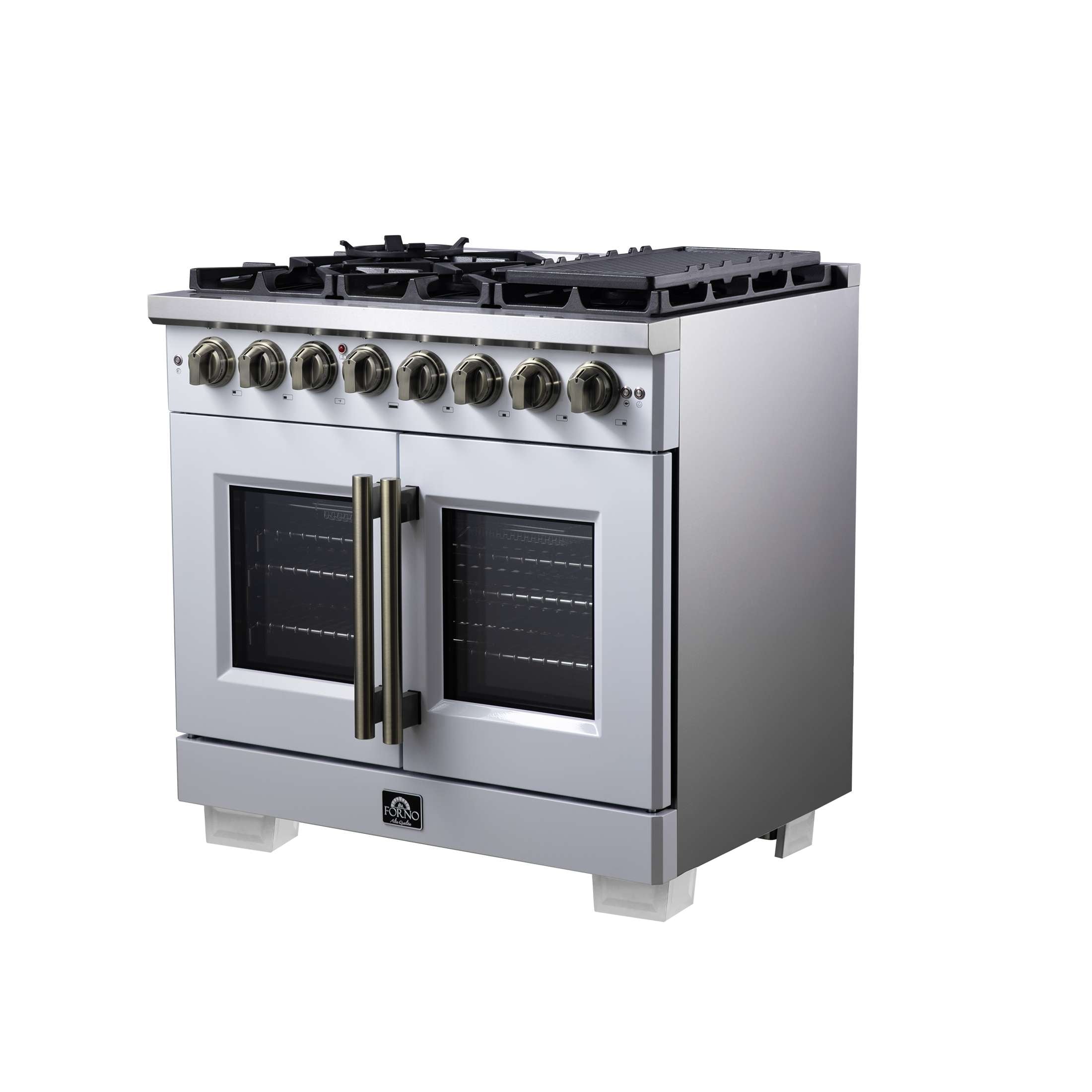Forno Capriasca 36 Inch Freestanding French Door Dual Fuel Range in White with Antique Brass Accessories, 6 Burners, True Convection Oven