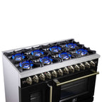 Forno Capriasca 48 Inch Freestanding French Door Dual Fuel Range in Black with Antique Brass Accessories, 8 Burners, True Convection Oven