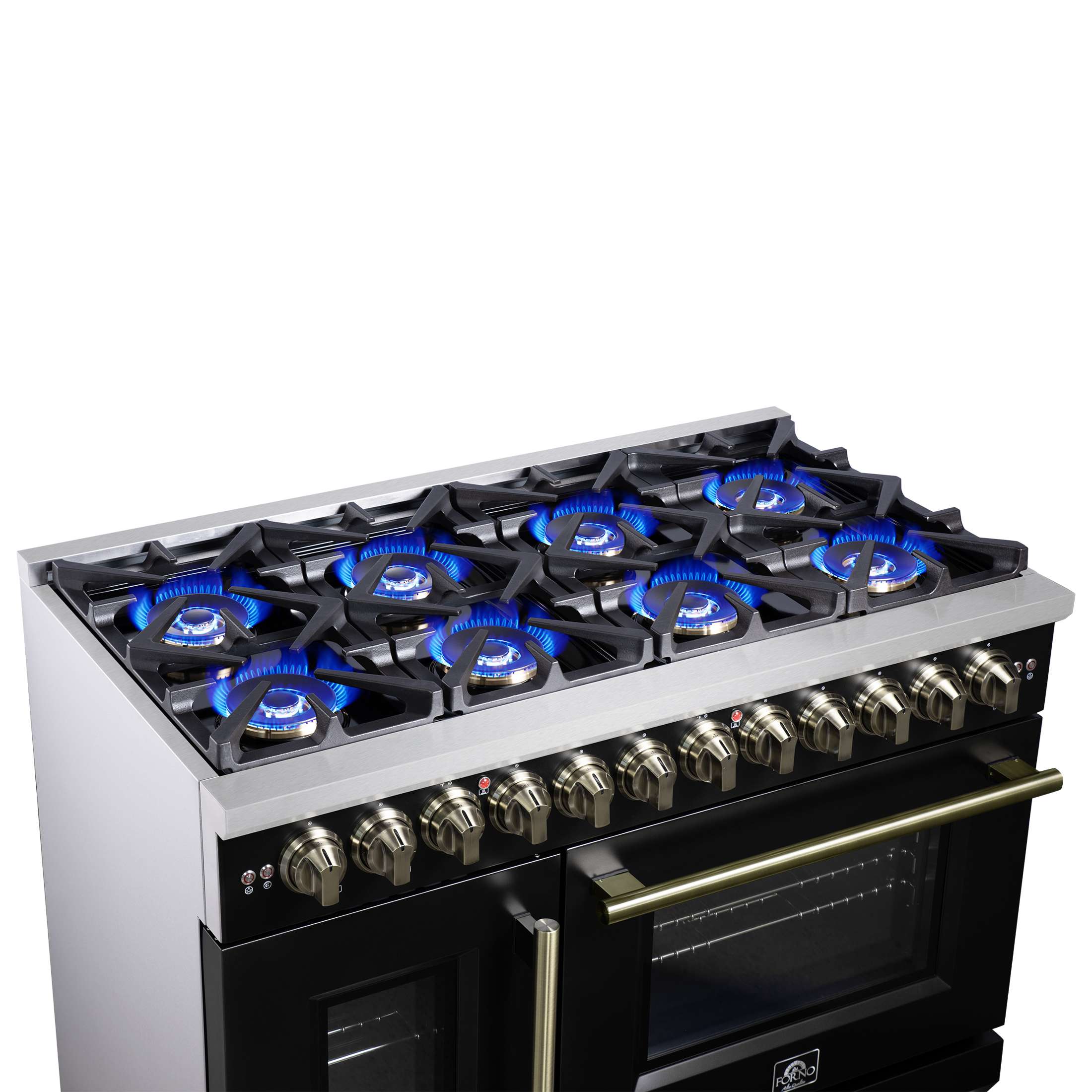 Forno Capriasca 48 Inch Freestanding French Door Dual Fuel Range in Black with Antique Brass Accessories, 8 Burners, True Convection Oven