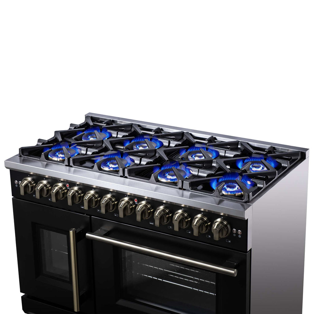 Forno Capriasca 48 Inch Freestanding French Door Dual Fuel Range in Black with Antique Brass Accessories, 8 Burners, True Convection Oven