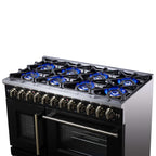 Forno Capriasca 48 Inch Freestanding French Door Dual Fuel Range in Black with Antique Brass Accessories, 8 Burners, True Convection Oven