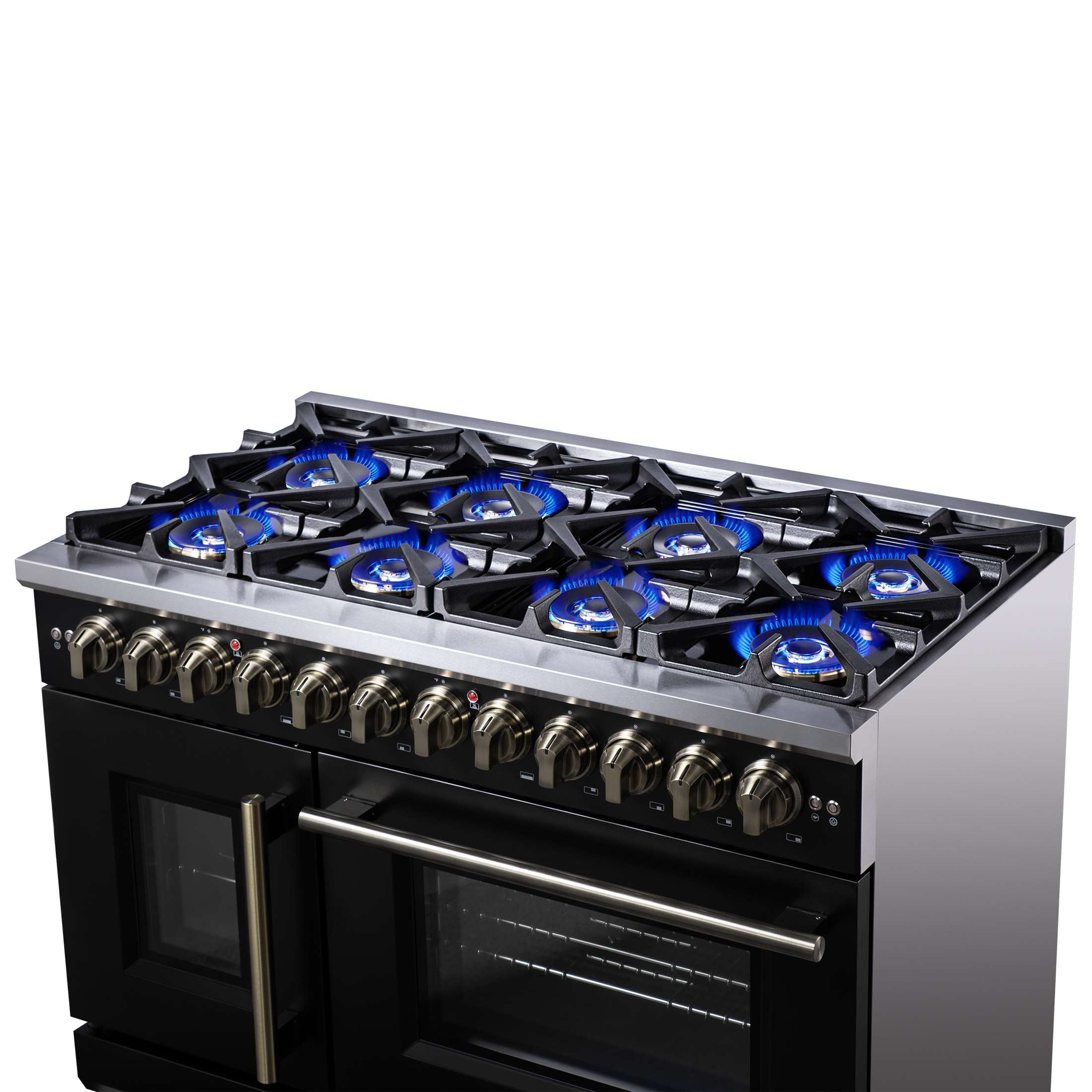 Forno Capriasca 48 Inch Freestanding French Door Dual Fuel Range in Black with Antique Brass Accessories, 8 Burners, True Convection Oven