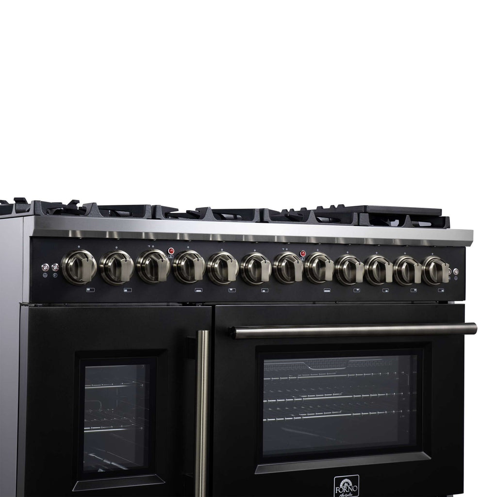Forno Capriasca 48 Inch Freestanding French Door Dual Fuel Range in Black with Antique Brass Accessories, 8 Burners, True Convection Oven