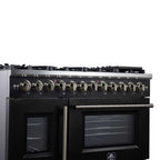 Forno Capriasca 48 Inch Freestanding French Door Dual Fuel Range in Black with Antique Brass Accessories, 8 Burners, True Convection Oven
