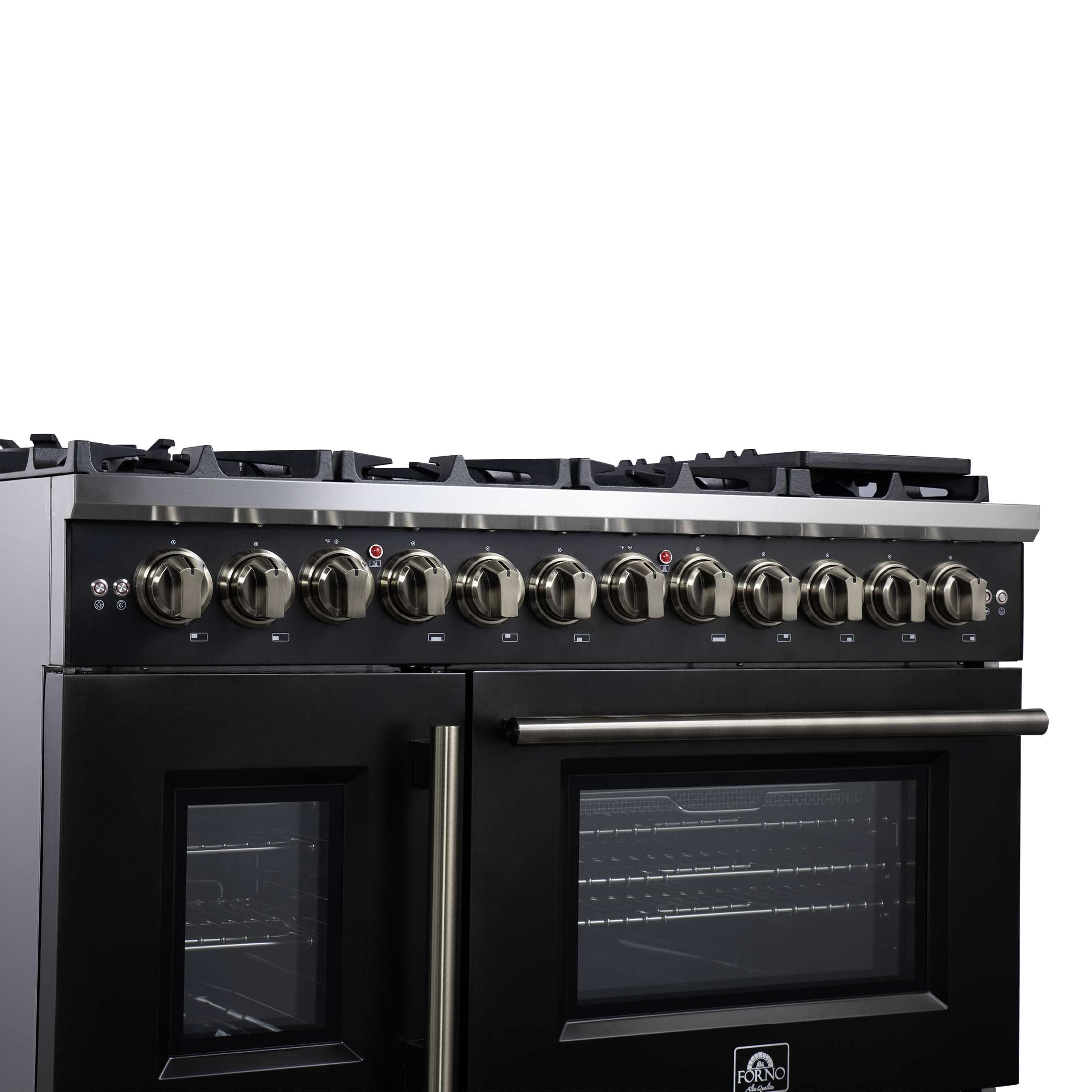 Forno Capriasca 48 Inch Freestanding French Door Dual Fuel Range in Black with Antique Brass Accessories, 8 Burners, True Convection Oven