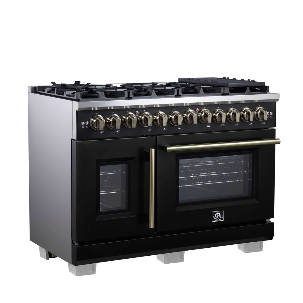Forno Capriasca 48 Inch Freestanding French Door Dual Fuel Range in Black with Antique Brass Accessories, 8 Burners, True Convection Oven