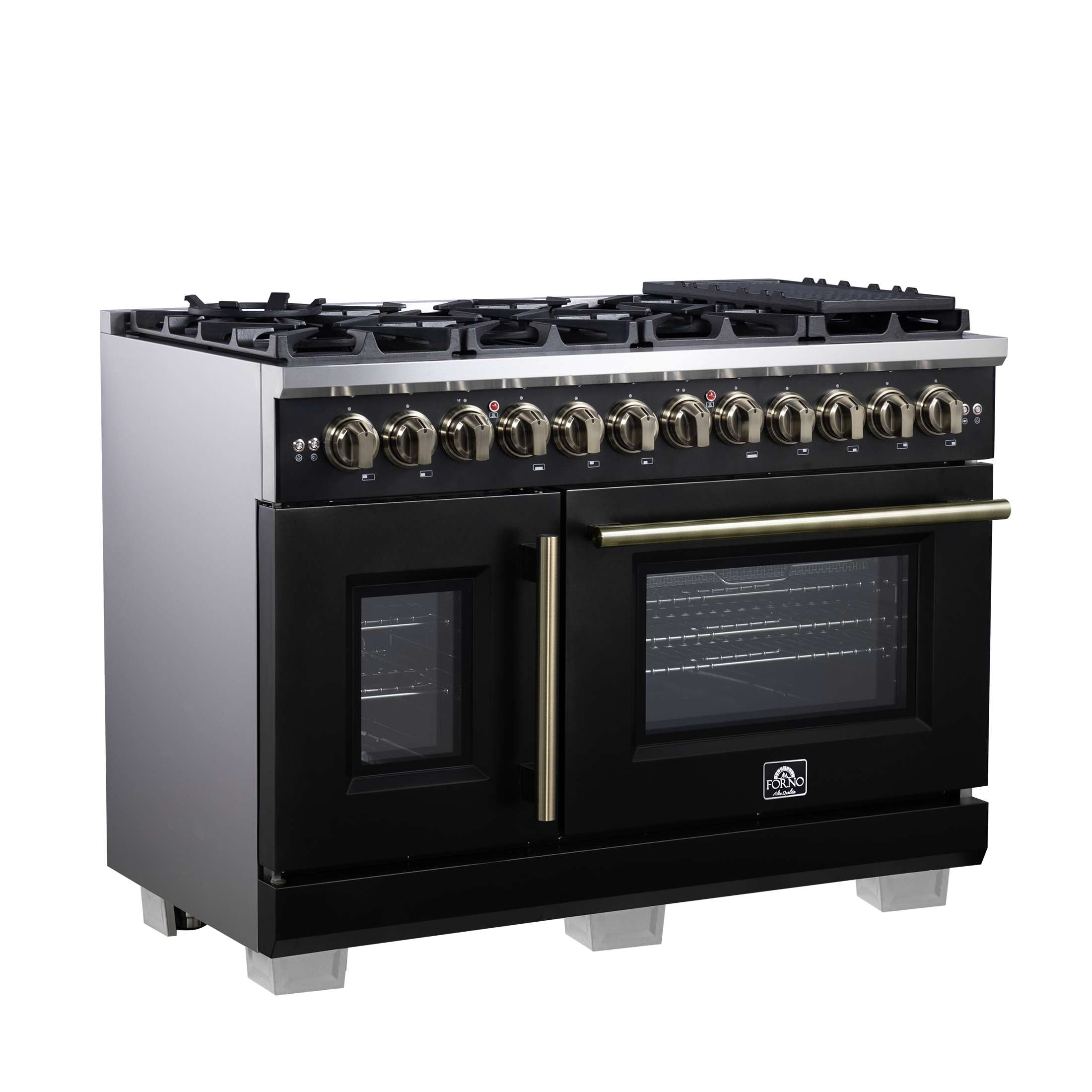 Forno Capriasca 48 Inch Freestanding French Door Dual Fuel Range in Black with Antique Brass Accessories, 8 Burners, True Convection Oven