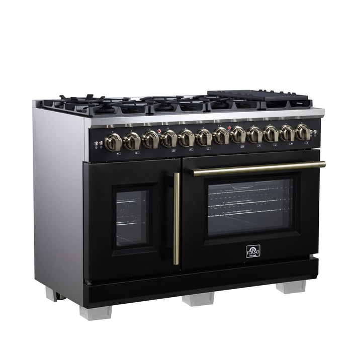 Forno Capriasca 48 Inch Freestanding French Door Dual Fuel Range in Black with Antique Brass Accessories, 8 Burners, True Convection Oven