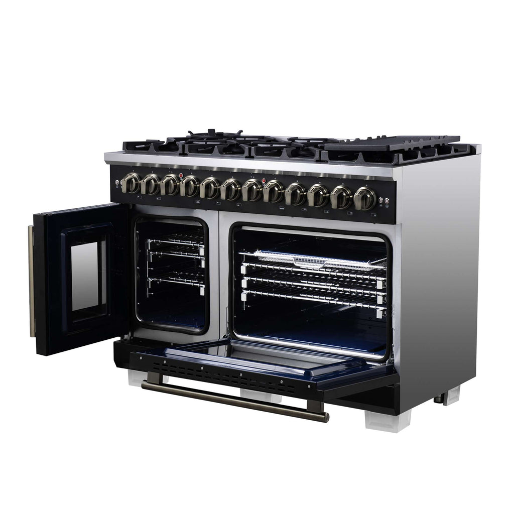 Forno Capriasca 48 Inch Freestanding French Door Dual Fuel Range in Black with Antique Brass Accessories, 8 Burners, True Convection Oven