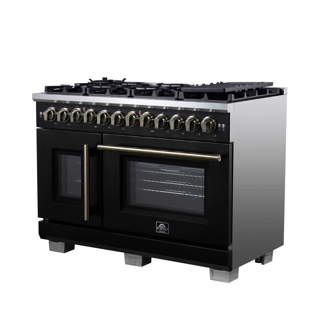 Forno Capriasca 48 Inch Freestanding French Door Dual Fuel Range in Black with Antique Brass Accessories, 8 Burners, True Convection Oven