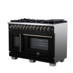 Forno Capriasca 48 Inch Freestanding French Door Dual Fuel Range in Black with Antique Brass Accessories, 8 Burners, True Convection Oven