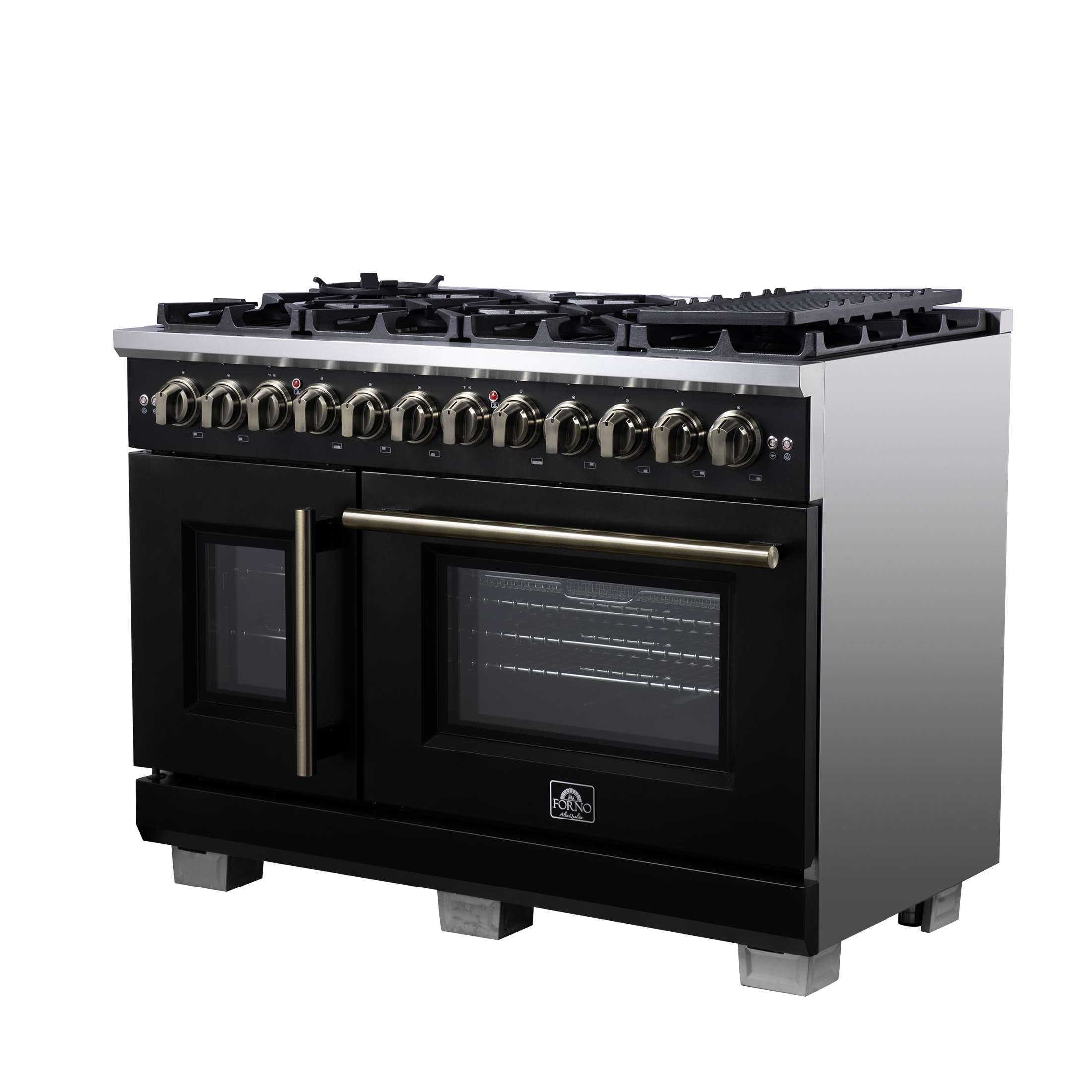 Forno Capriasca 48 Inch Freestanding French Door Dual Fuel Range in Black with Antique Brass Accessories, 8 Burners, True Convection Oven